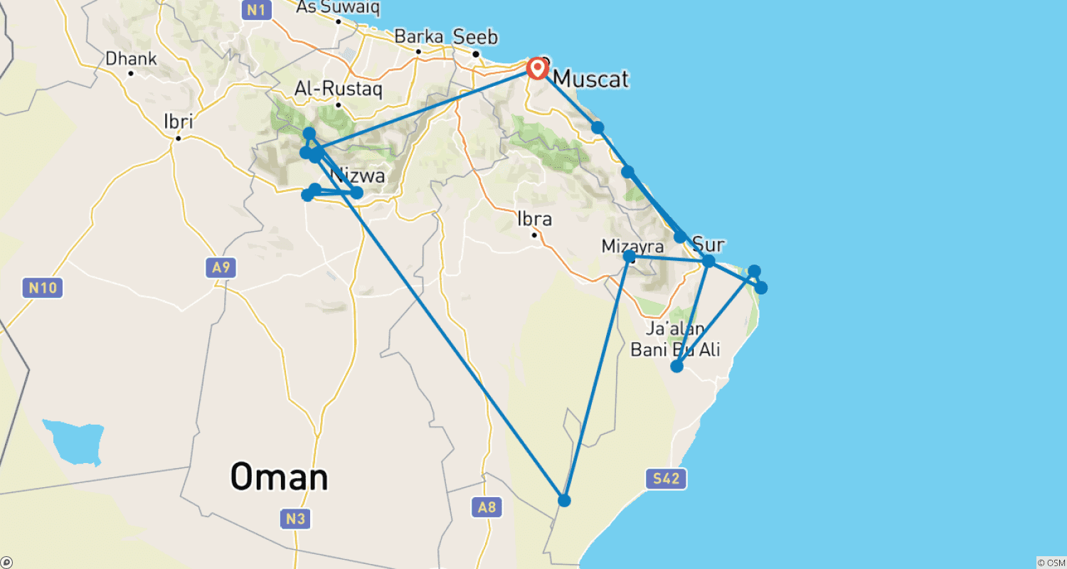 Mapa trasy: Odkryj Oman - Samodzielna wycieczka samochodowa