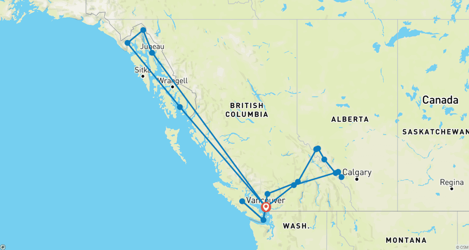 خريطة مسار Spirit of the Rockies with Rocky Mountaineer and Alaska Cruise