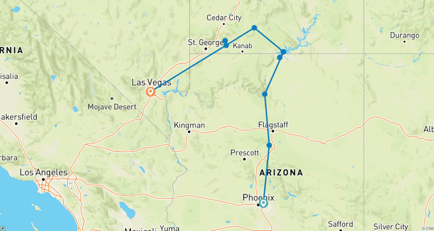 Mapa do percurso de País dos Canyons: Arizona e Utah (de Scottsdale, AZ a Las Vegas, NV) (2027)