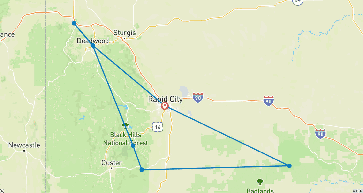 Mapa do percurso de Tour de Bicicleta por Monte Rushmore e Badlands