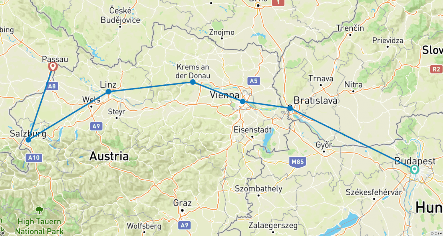 Mapa do percurso de Mercados de Natal no Danúbio (de Budapeste a Passau, 2019) (de Budapeste a Passau)