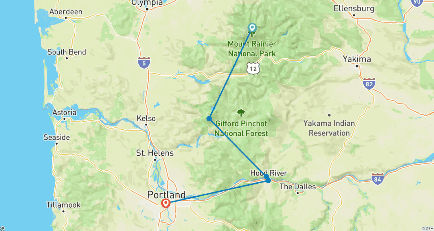 Mapa do percurso de Monte Rainier ao Monte Hood