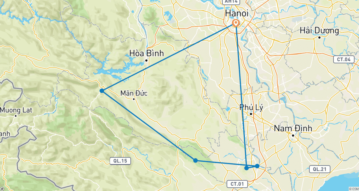 Mapa do percurso de Excursão de Moto no Vietnã para Pu Luong, Mai Chau, Tam Coc, Hoa Lu