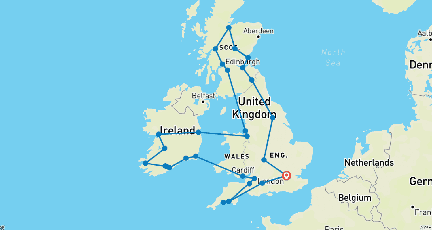Mapa do percurso de Panorama da Grã-Bretanha e Irlanda (19 Dias)