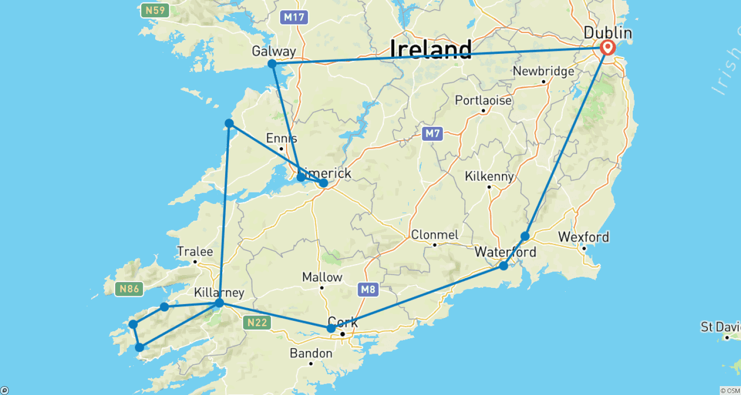Mapa do percurso de Destaques Irlandeses (Verão, 7 Dias)