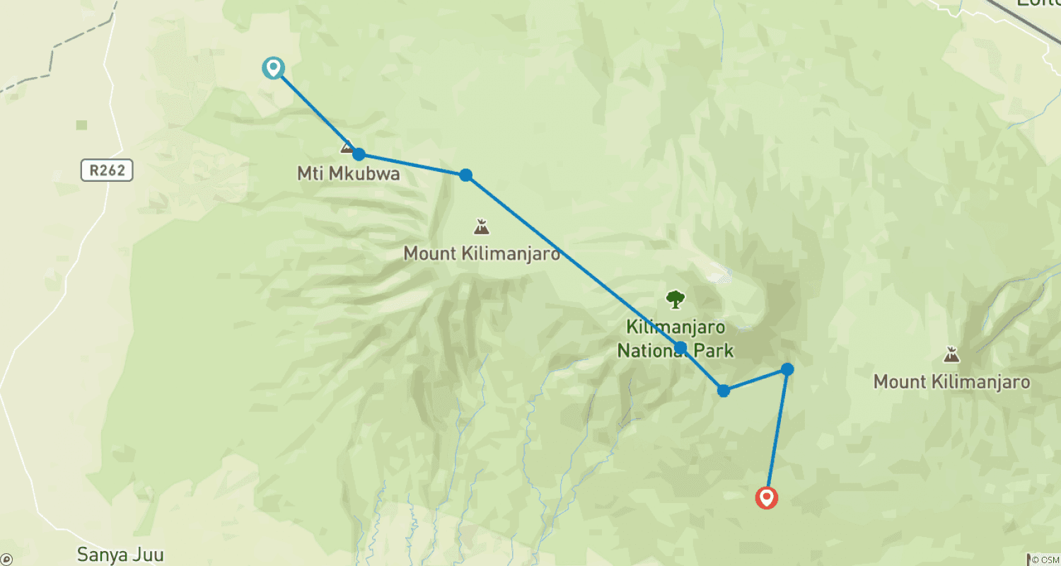 Mapa do percurso de Subida ao Monte Kilimanjaro 7 Dias Rota Lemosho