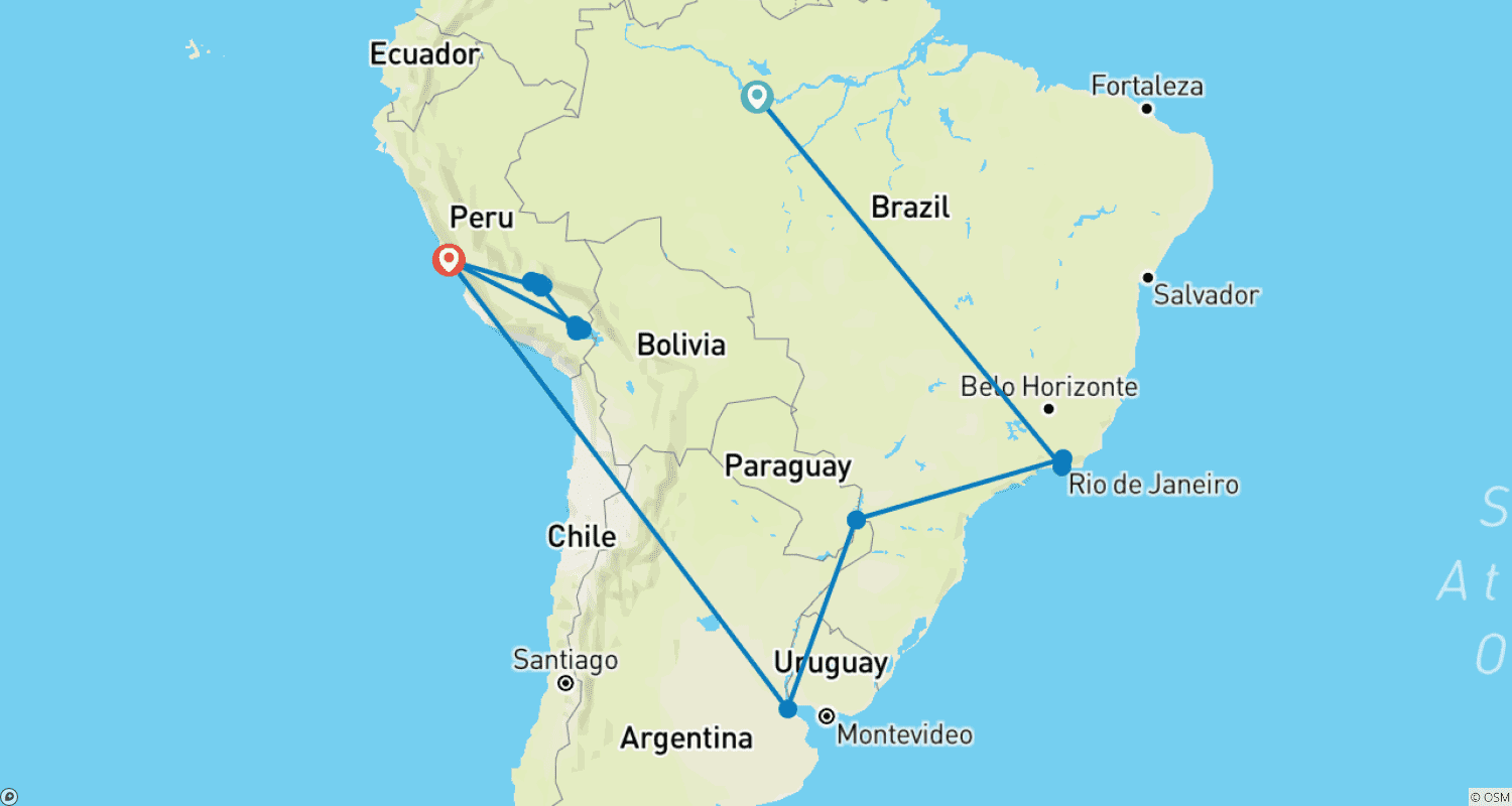 ブラジルのアマゾンを巡る究極の南米ツアーのルートマップ