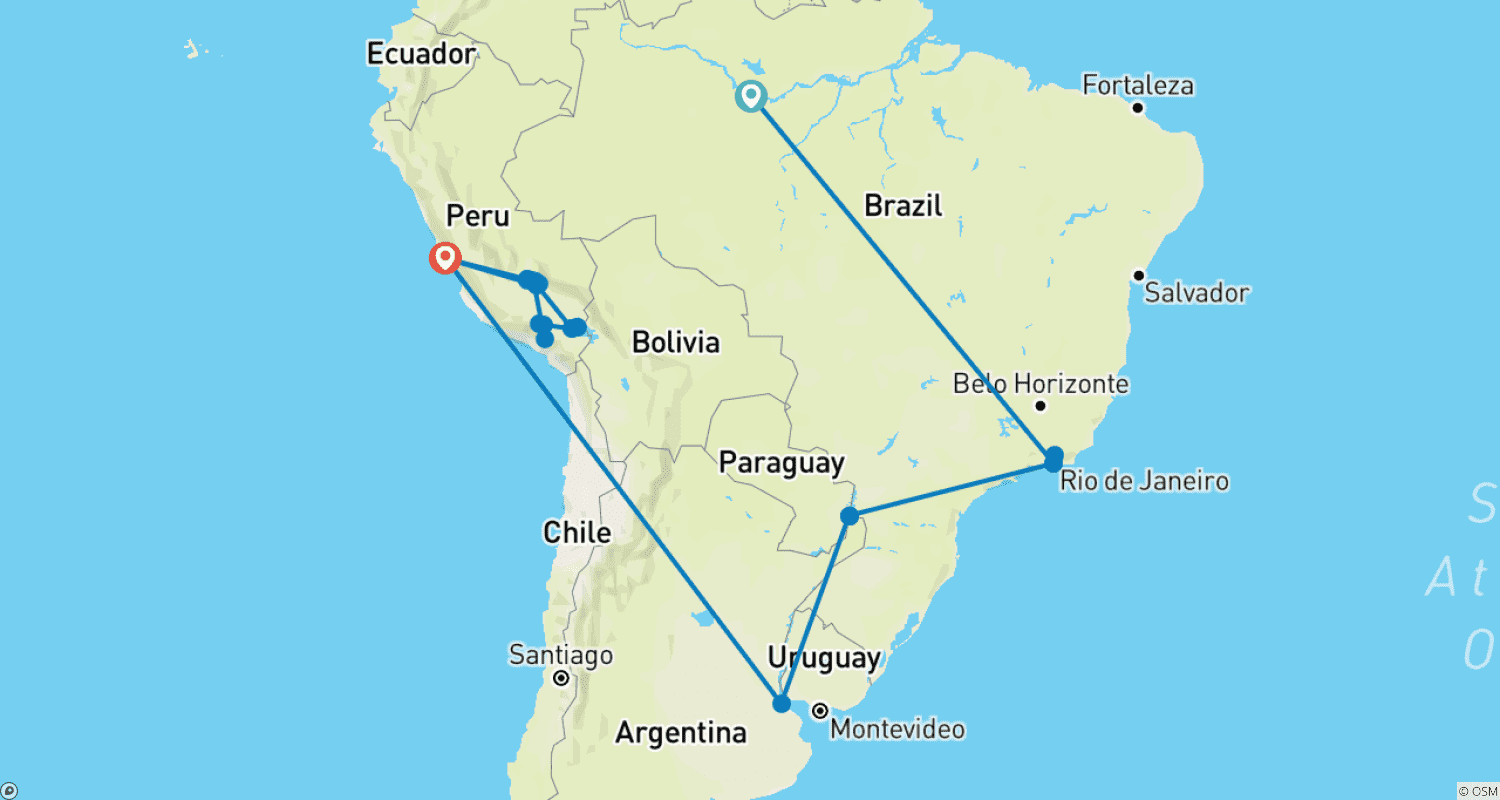Mapa do percurso de América do Sul Definitiva com Amazônia Brasileira, Arequipa e Cânion do Colca
