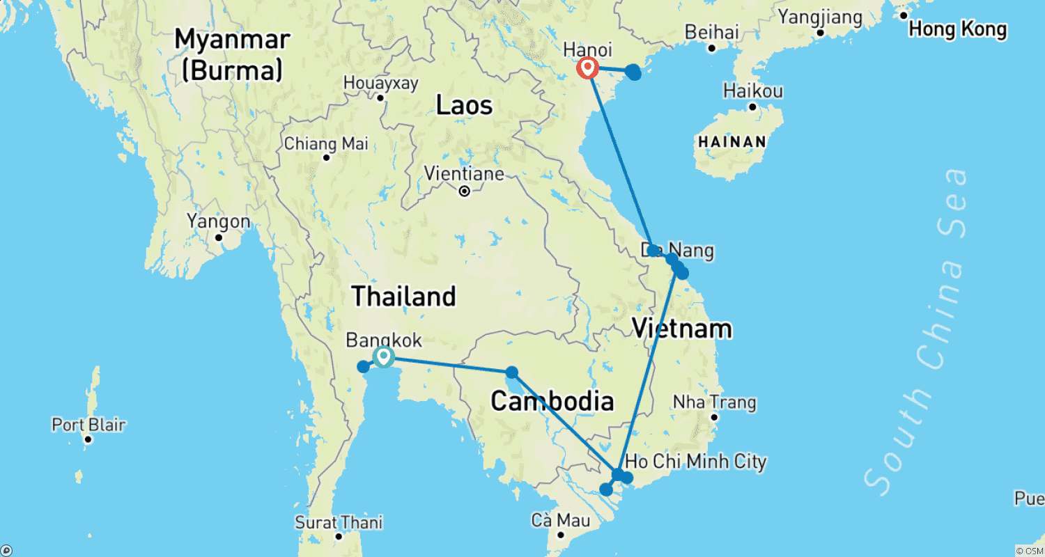 Mapa do percurso de Incrível Tailândia, Camboja e Vietnã 14 dias/13 noites