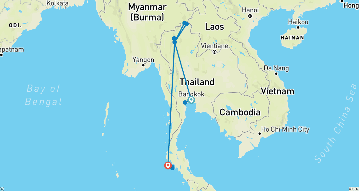 Mapa do percurso de Viagem Panorâmica à Tailândia - 10 Dias