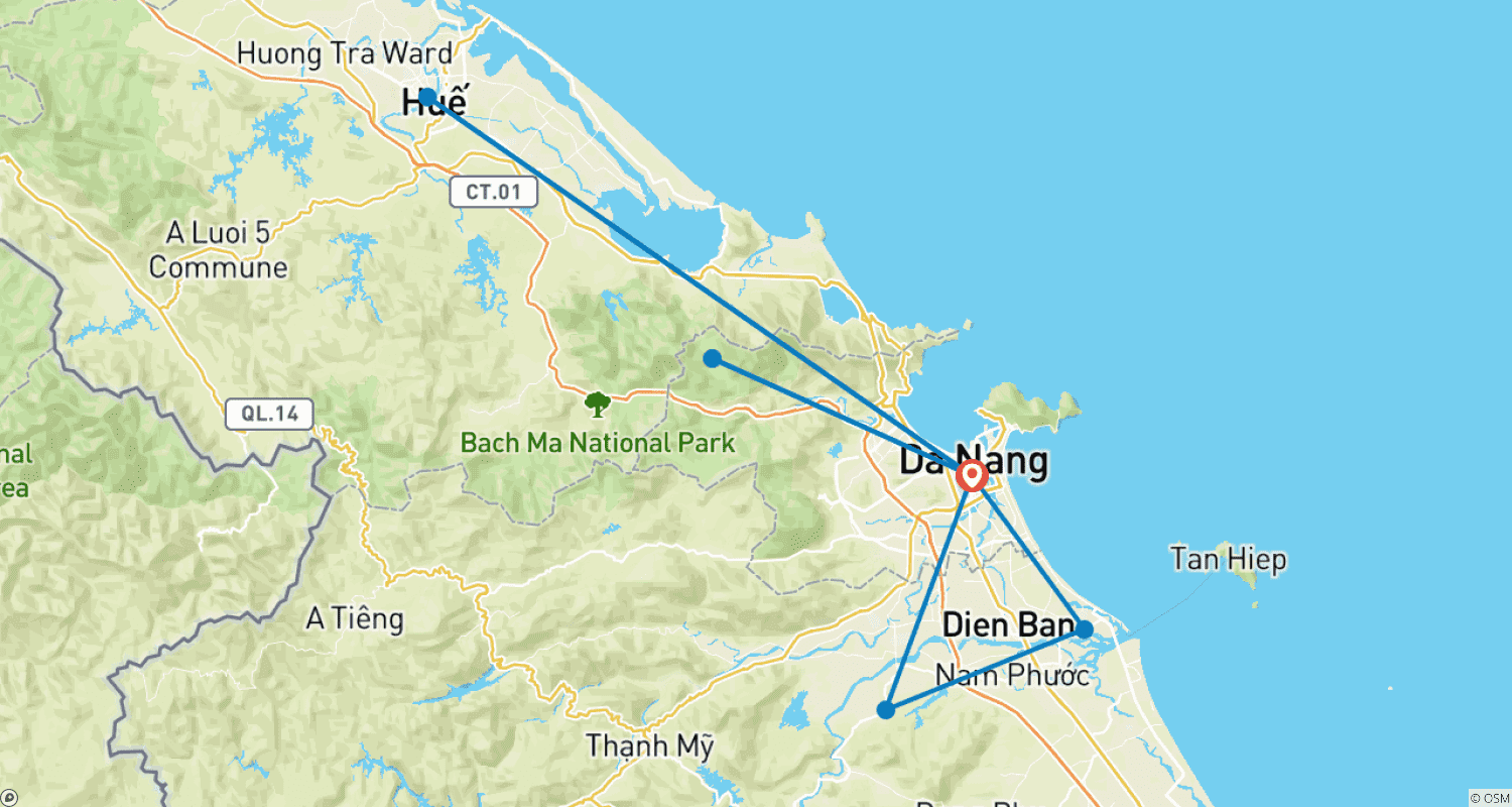 Mapa do percurso de Tour Exclusivo pelo Vietnã Central 5 dias/4 noites