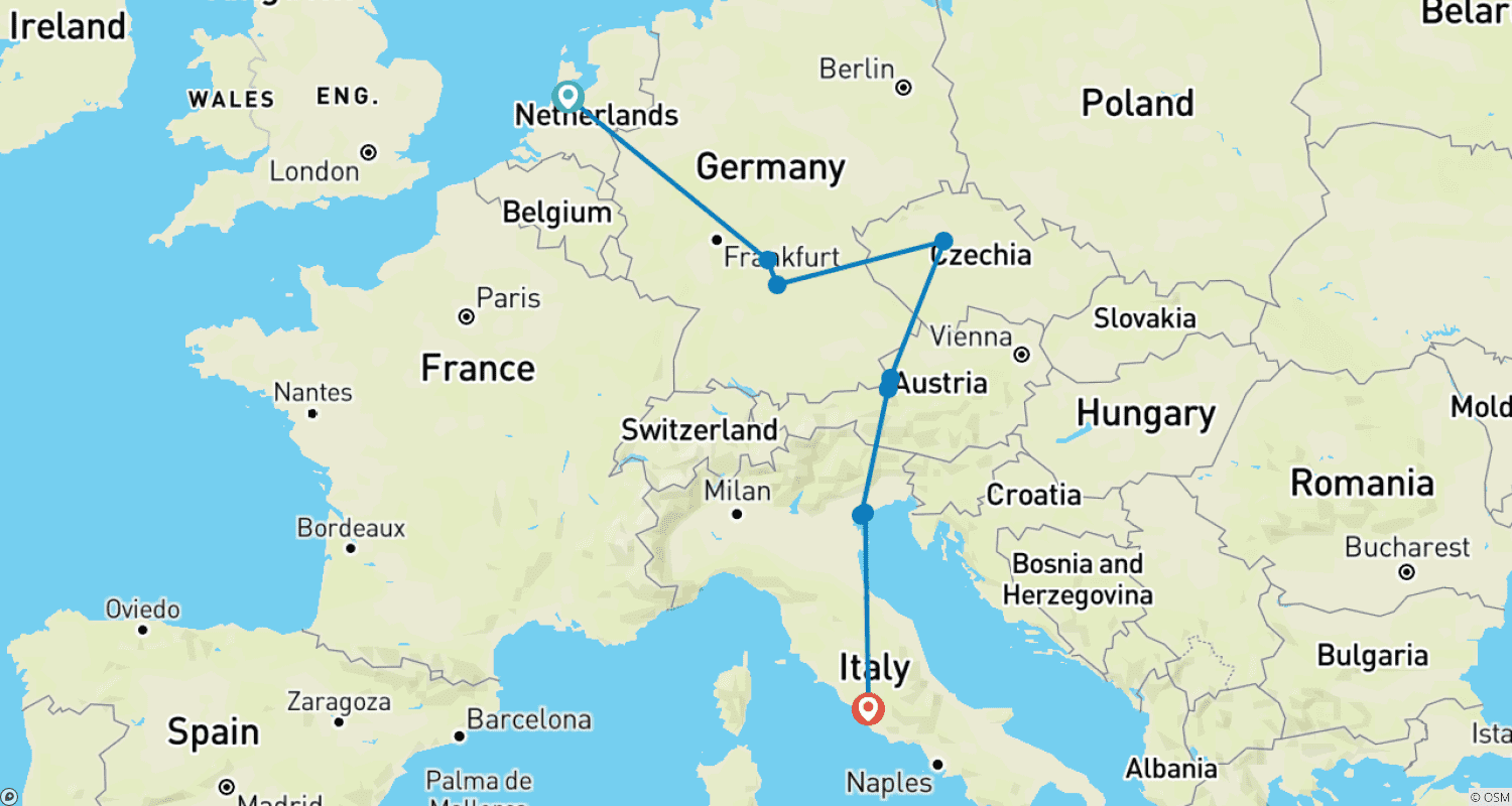 Mapa do percurso de Charme Europeu (Clássico, Início Amsterdã)