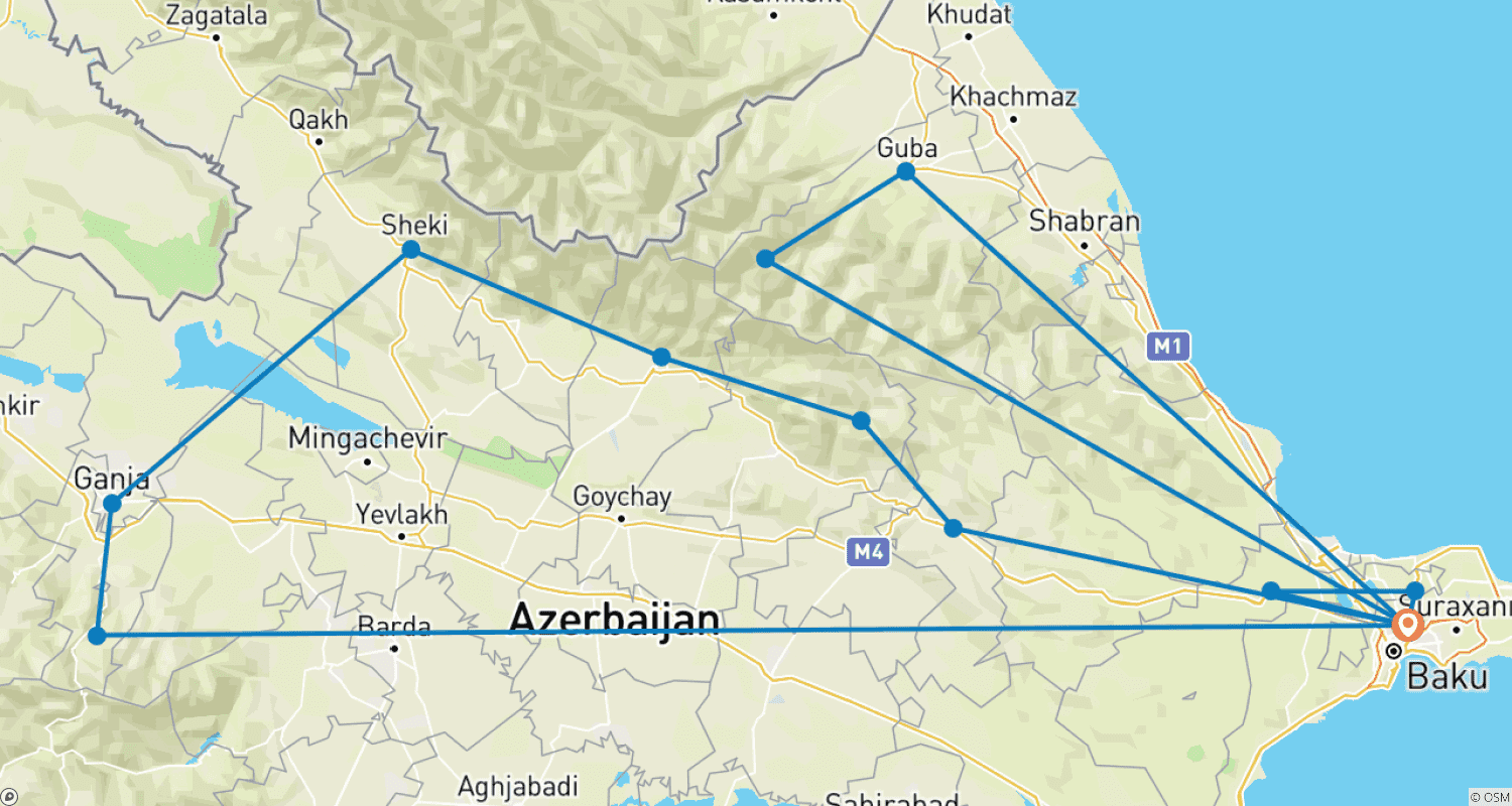Mapa do percurso de Descoberta do Azerbaijão em uma Semana (8D/7N)