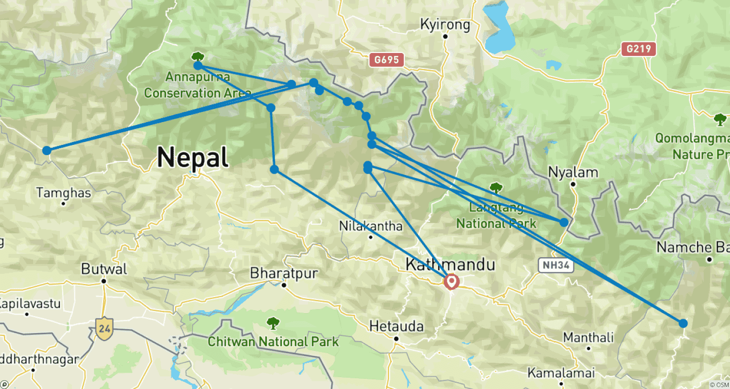 Mapa do percurso de Caminhada de 10 Dias pelo Circuito Manaslu