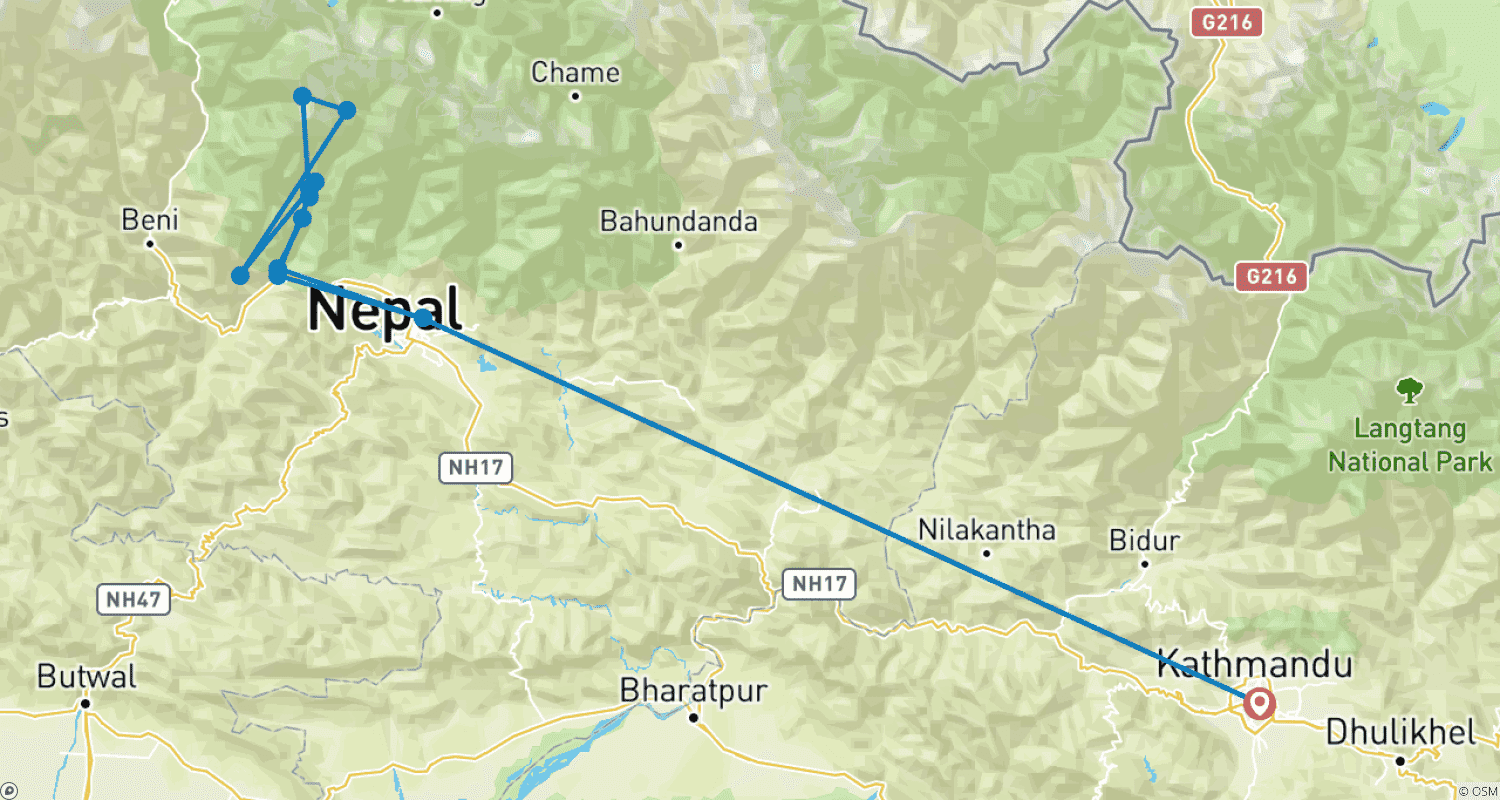 Mapa do percurso de Trekking de 9 Dias ao Acampamento Base de Annapurna