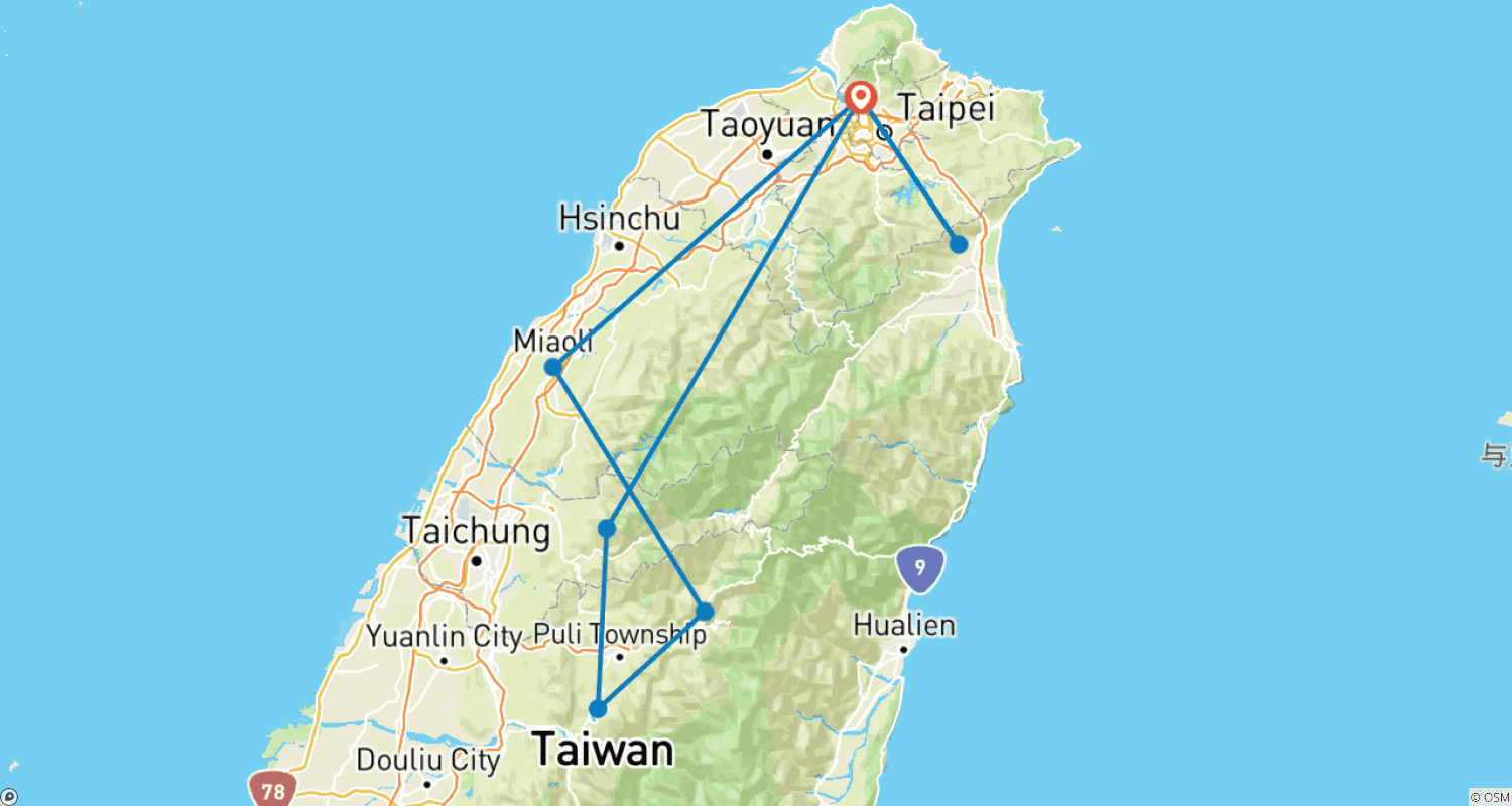 Mapa do percurso de Excursão Privada de 5 Dias em Taiwan para Diversão em Família