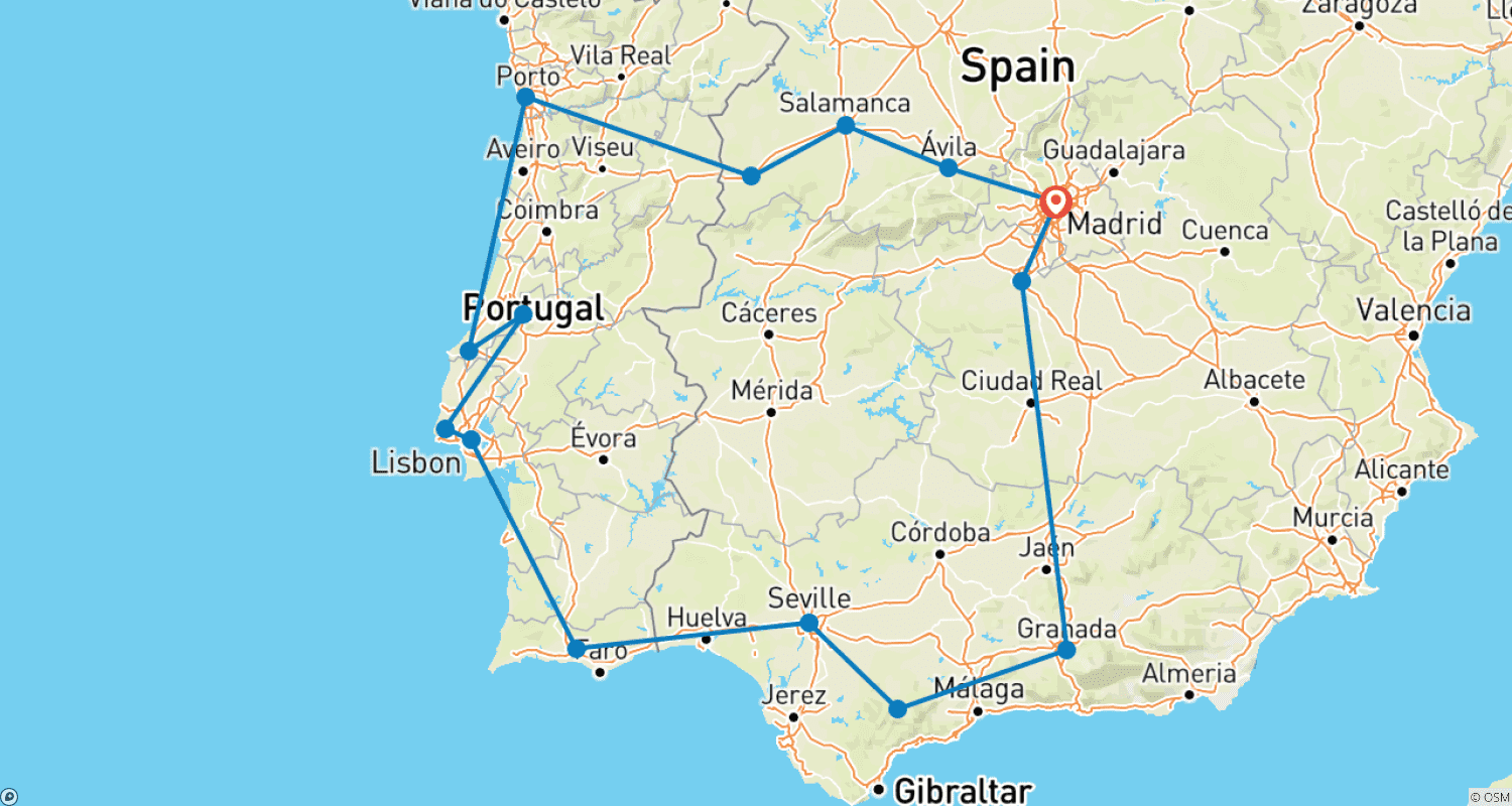 Mapa do percurso de Natal na Espanha e Portugal