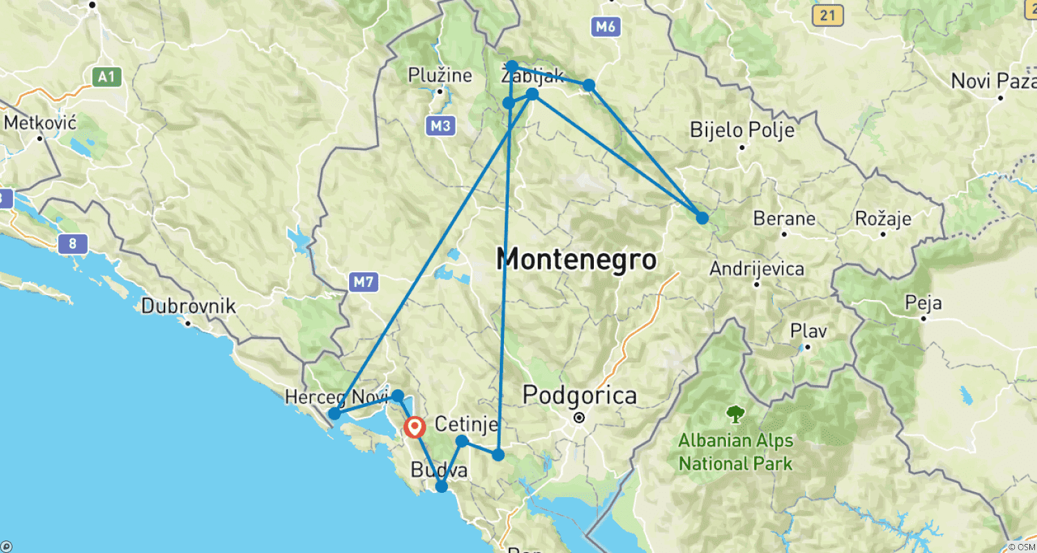 Mapa do percurso de Experimente Montenegro em 4 dias - TOUR PRIVADO