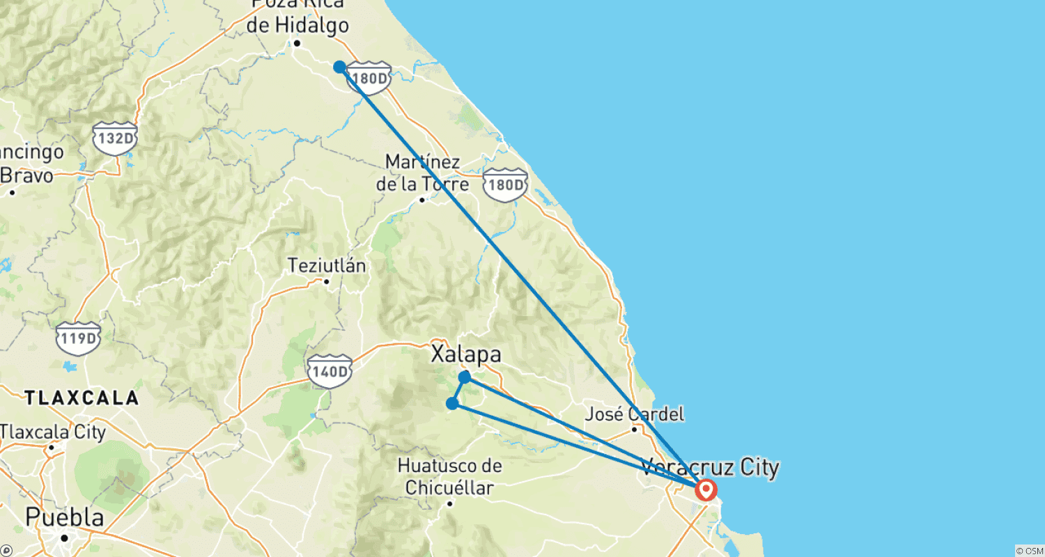 Mapa do percurso de O Café, Veracruz e Tajín, Papantla.
