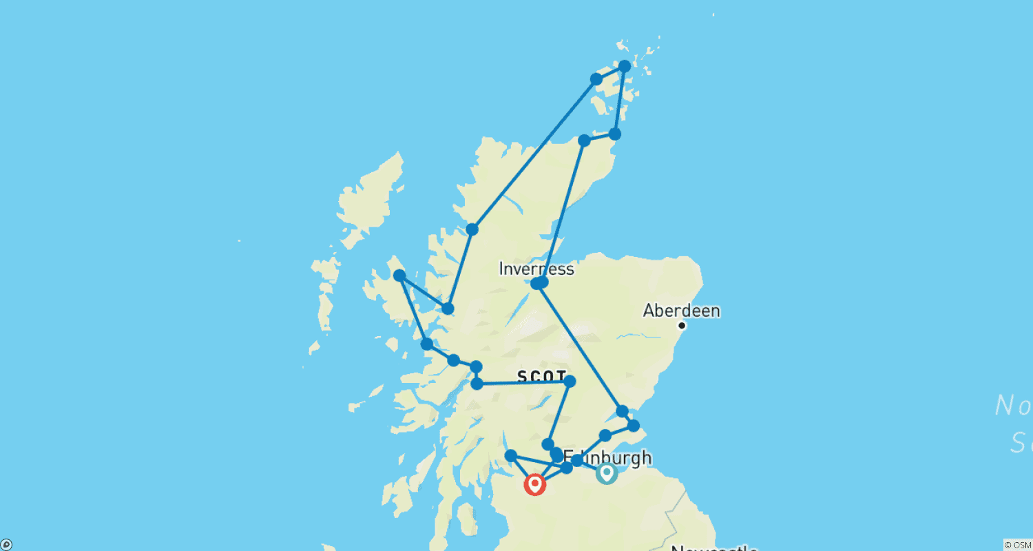 Mapa do percurso de Trilha das Terras Altas Inspirada em Outlander (13 Dias)