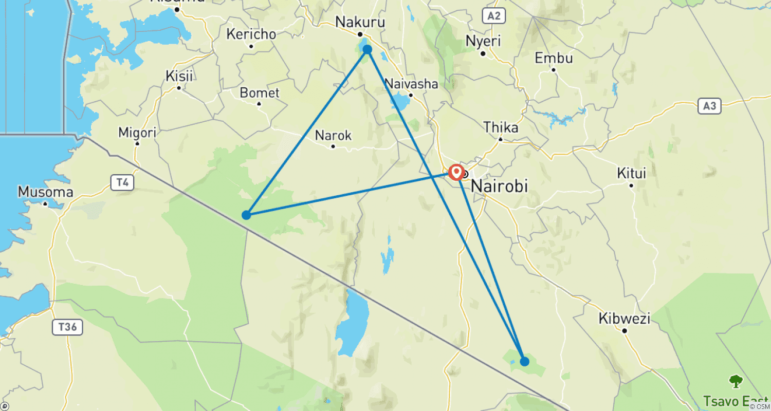 Mapa do percurso de Safari de Acampamento Econômico de 6 Dias em Masai Mara, Lago Nakuru e Amboseli