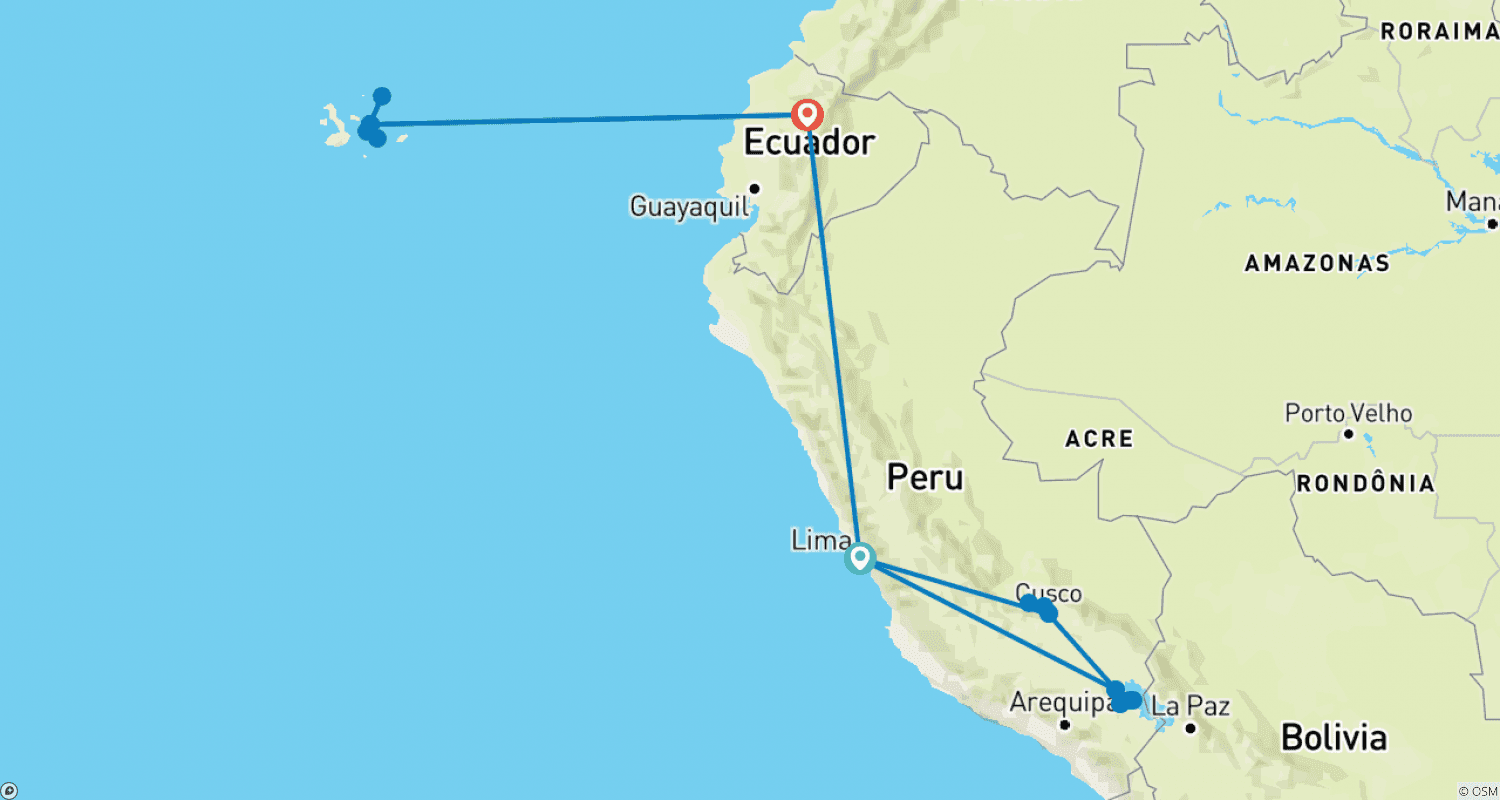 Mapa do percurso de Mistérios do Império Inca com Cruzeiro em Galápagos