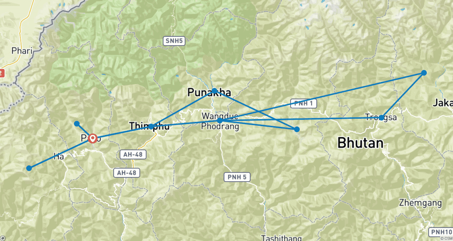 Mapa trasy: Podróż przez Bhutan