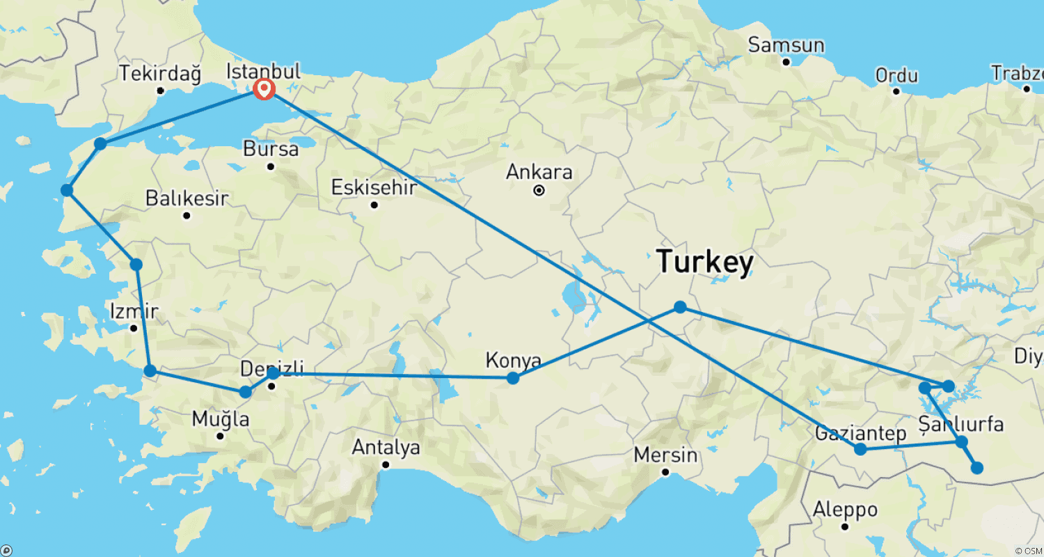 Mapa do percurso de Excursão aos Tesouros da Antiga Turquia