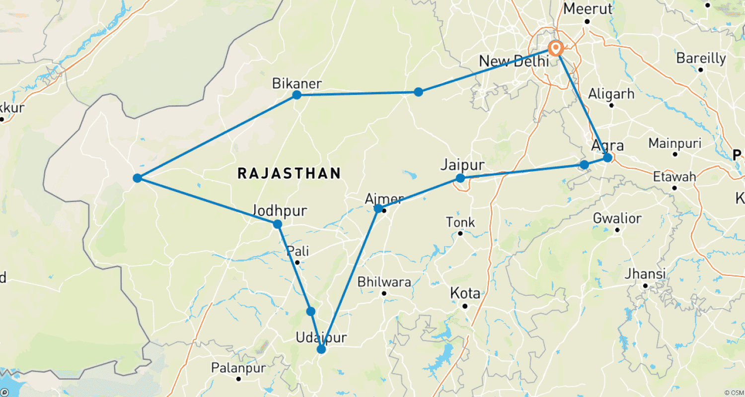 Mapa do percurso de As cores mais brilhantes do Royal Rajasthan, carro particular com ar condicionado