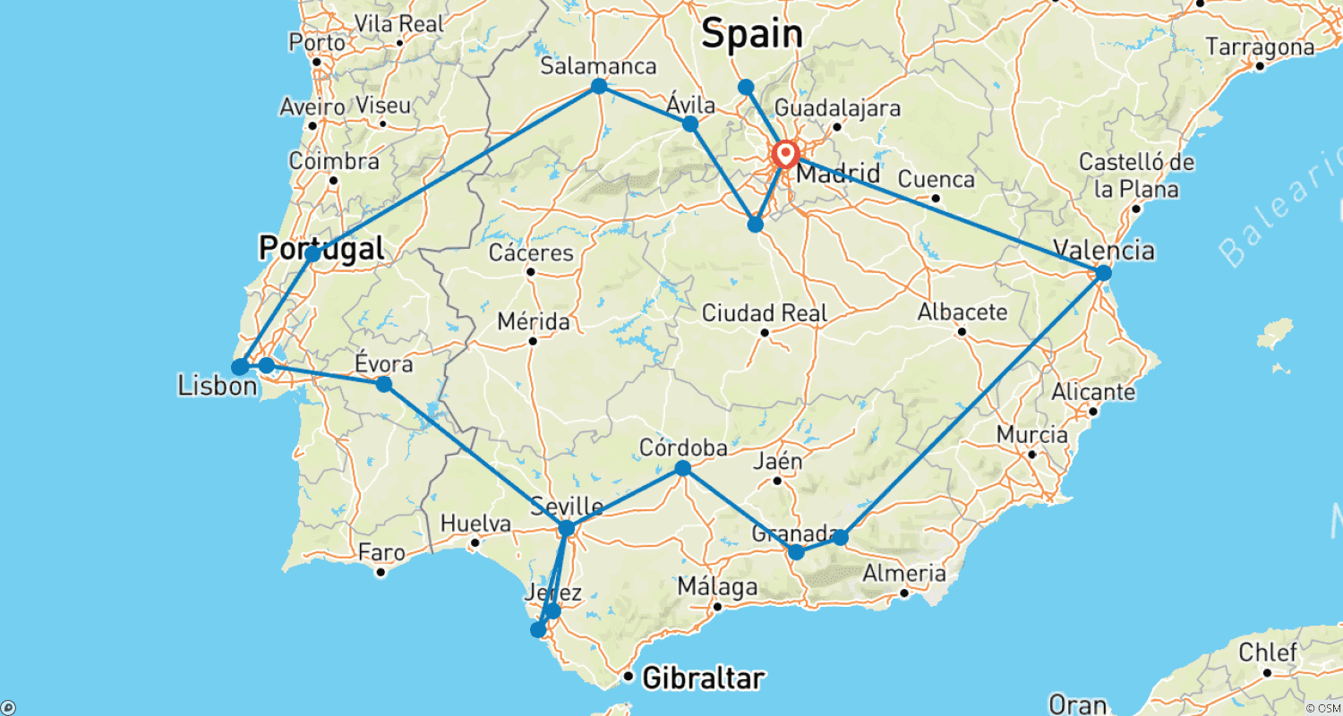 Mapa do percurso de Destaques da Espanha e de Portugal