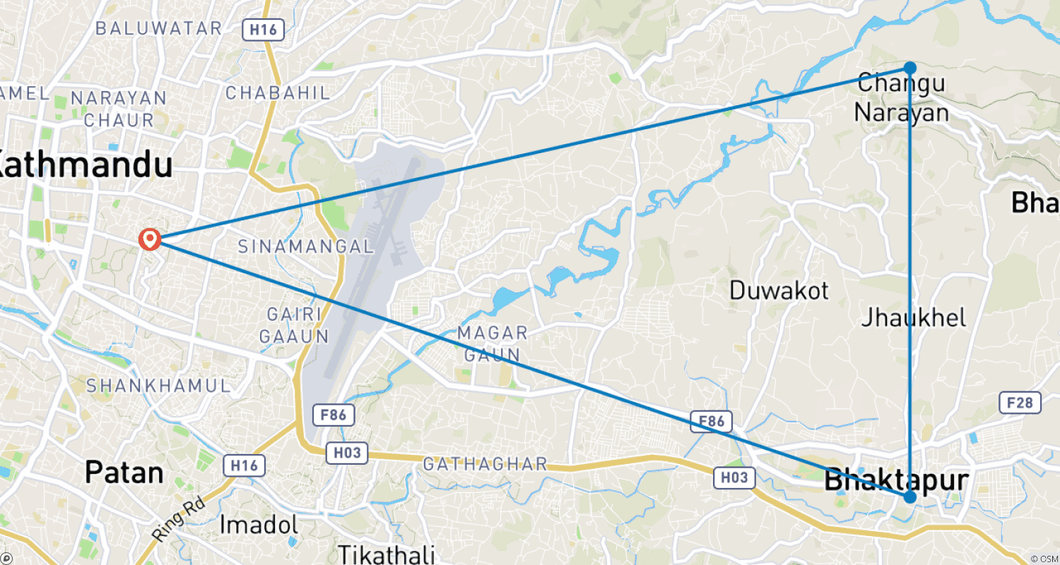Mapa do percurso de Passeio Privado de Meio Dia por Bhaktapur e Templo Changu Narayan