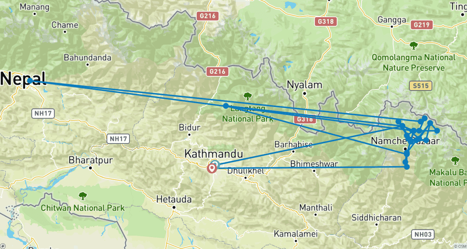 Mapa do percurso de Caminhada ao Acampamento Base do Everest e Lagos Gokyo