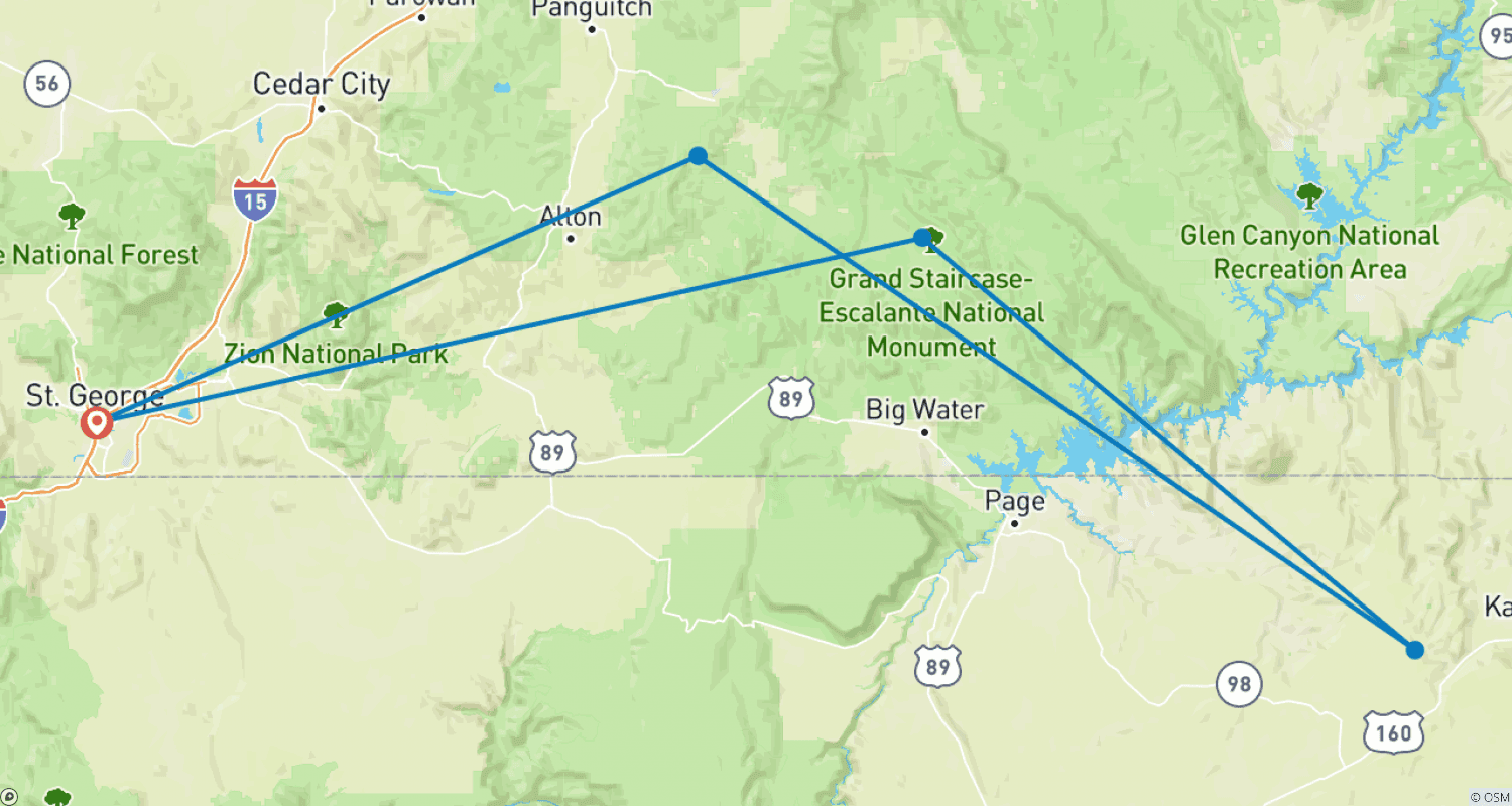Mapa do percurso de Excursão com base no Bryce Escalante Inn