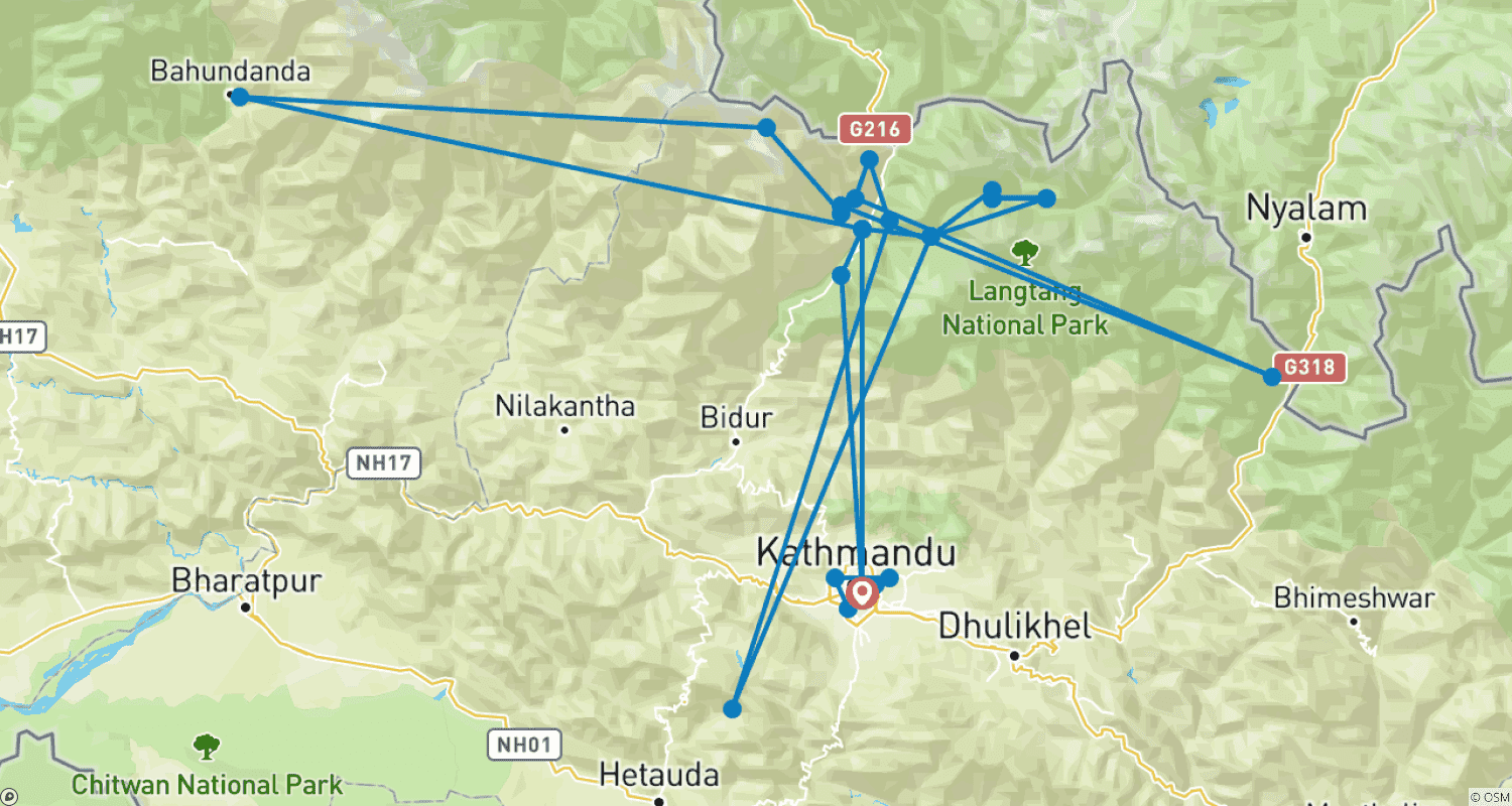 Mapa do percurso de Herança Tamang e Vale de Langtang - 15 Dias