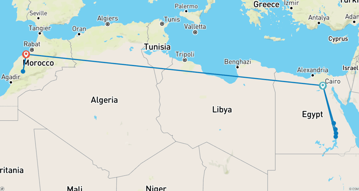 خريطة مسار جولة لمدة 12 يومًا في مصر والمغرب