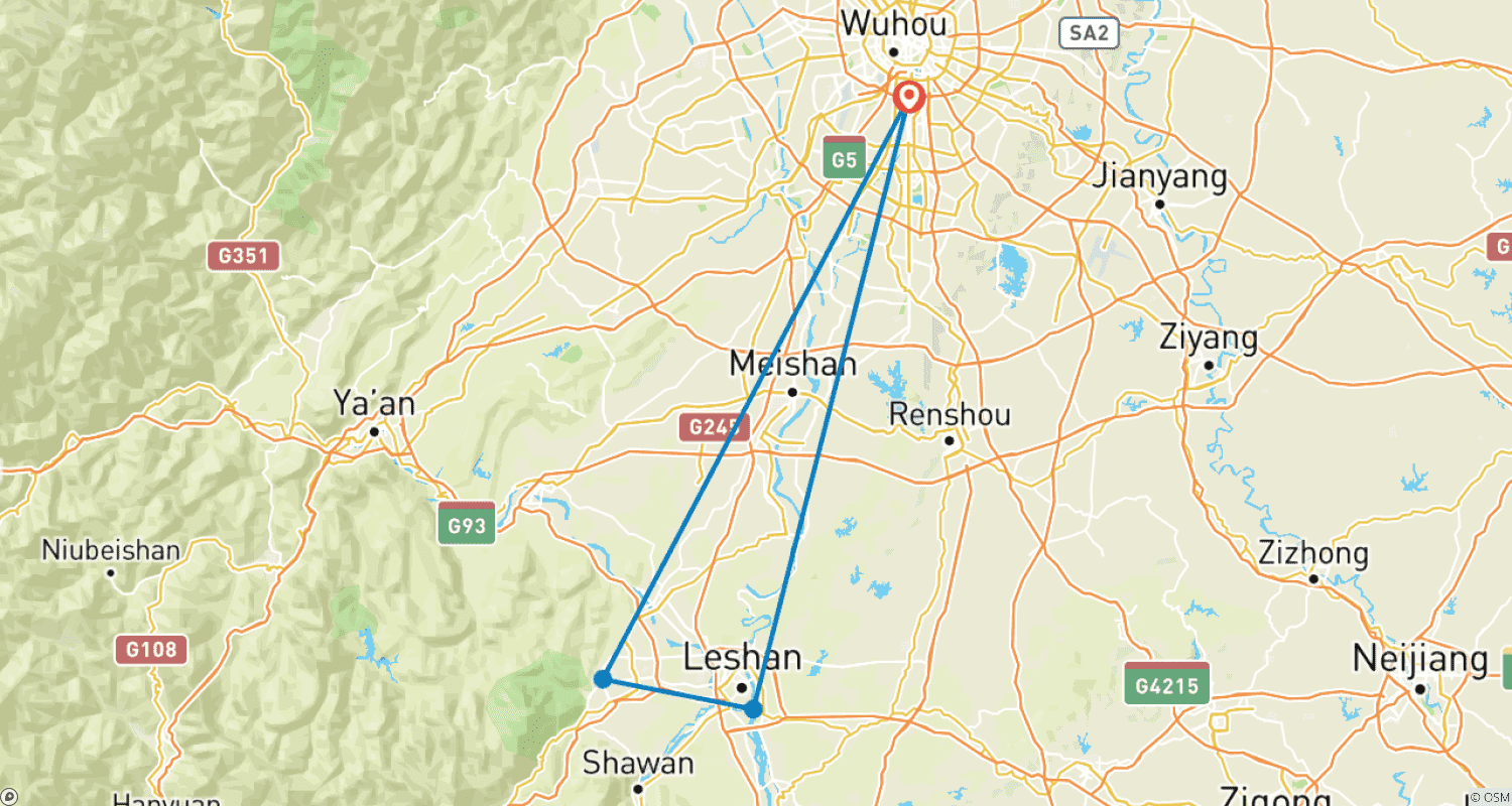 Mapa do percurso de Panda Gigante, Buda Gigante, Monte Emei, Kungfu e Experiência de 3 Dias em Plantação de Chá