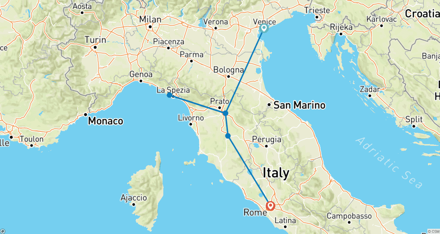 Mapa do percurso de Ícones da Itália: Veneza, Florença, Toscana e Roma de Trem
