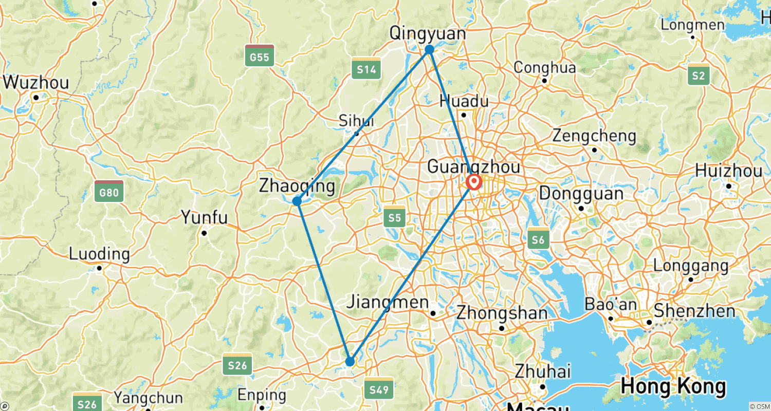 Mapa trasy: Guangdong Odkryj 10D: Guangzhou, Kaiping, Zhaoqing, Qingyuan, Lian'nan, Shaoguan