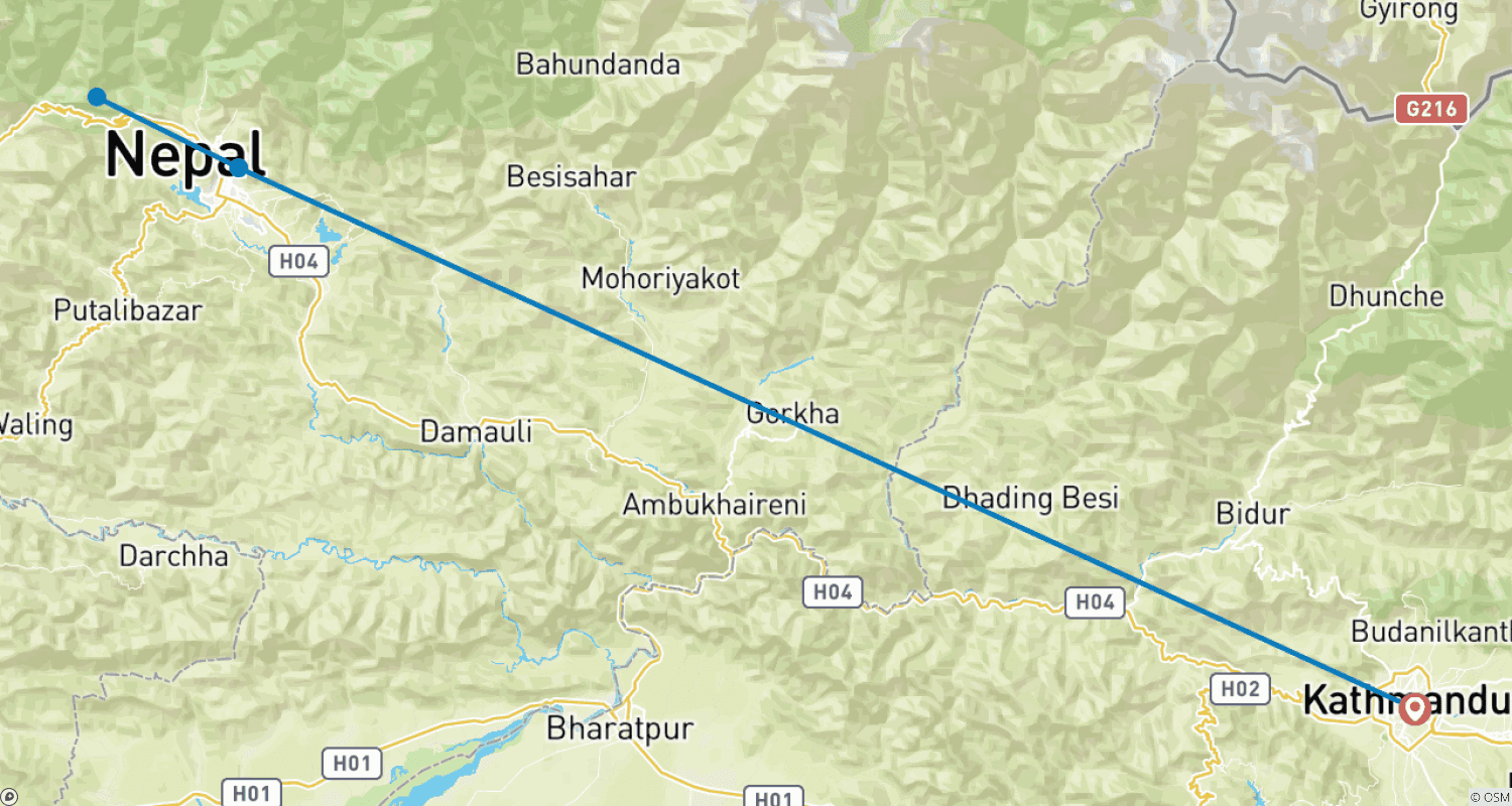 Mapa do percurso de Tour Espiritual de Yoga no Nepal com Caminhada em Dhampus