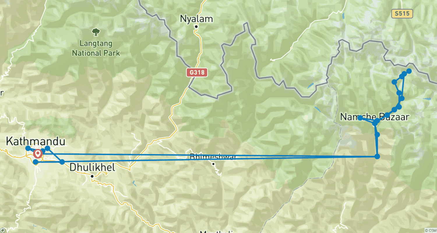 Mapa do percurso de Trilho de Yoga no Acampamento Base do Everest