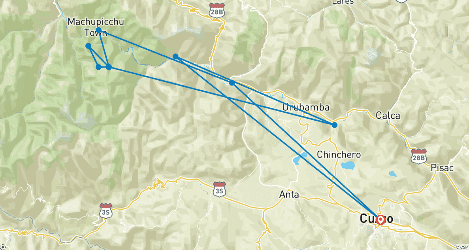 Mapa do percurso de Trilha Inca de 4 Dias para Machu Picchu saindo de Cusco