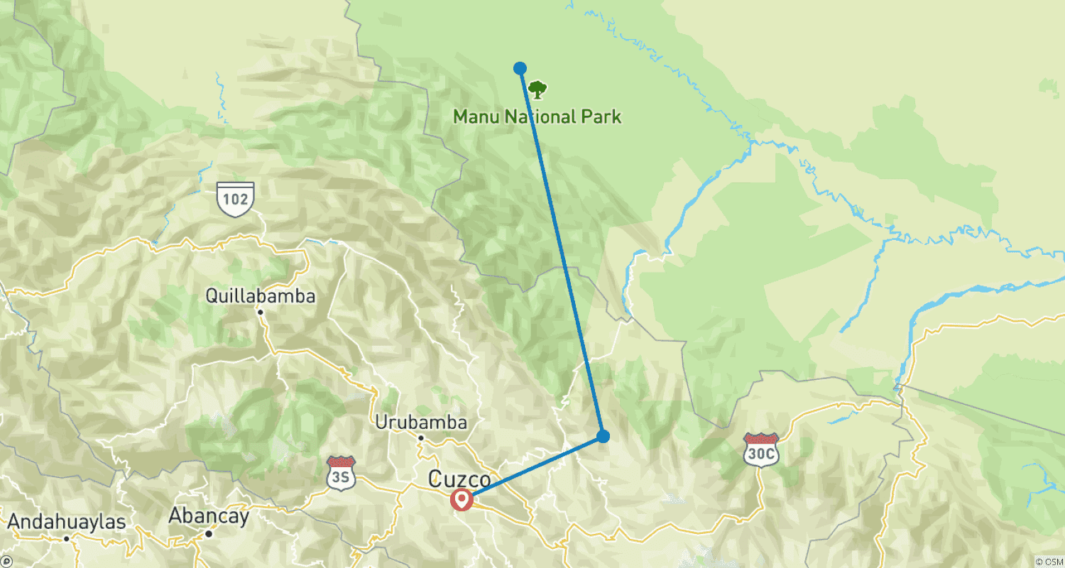 Mapa do percurso de Tour de 3 Dias e 2 Noites no Parque Nacional do Manu