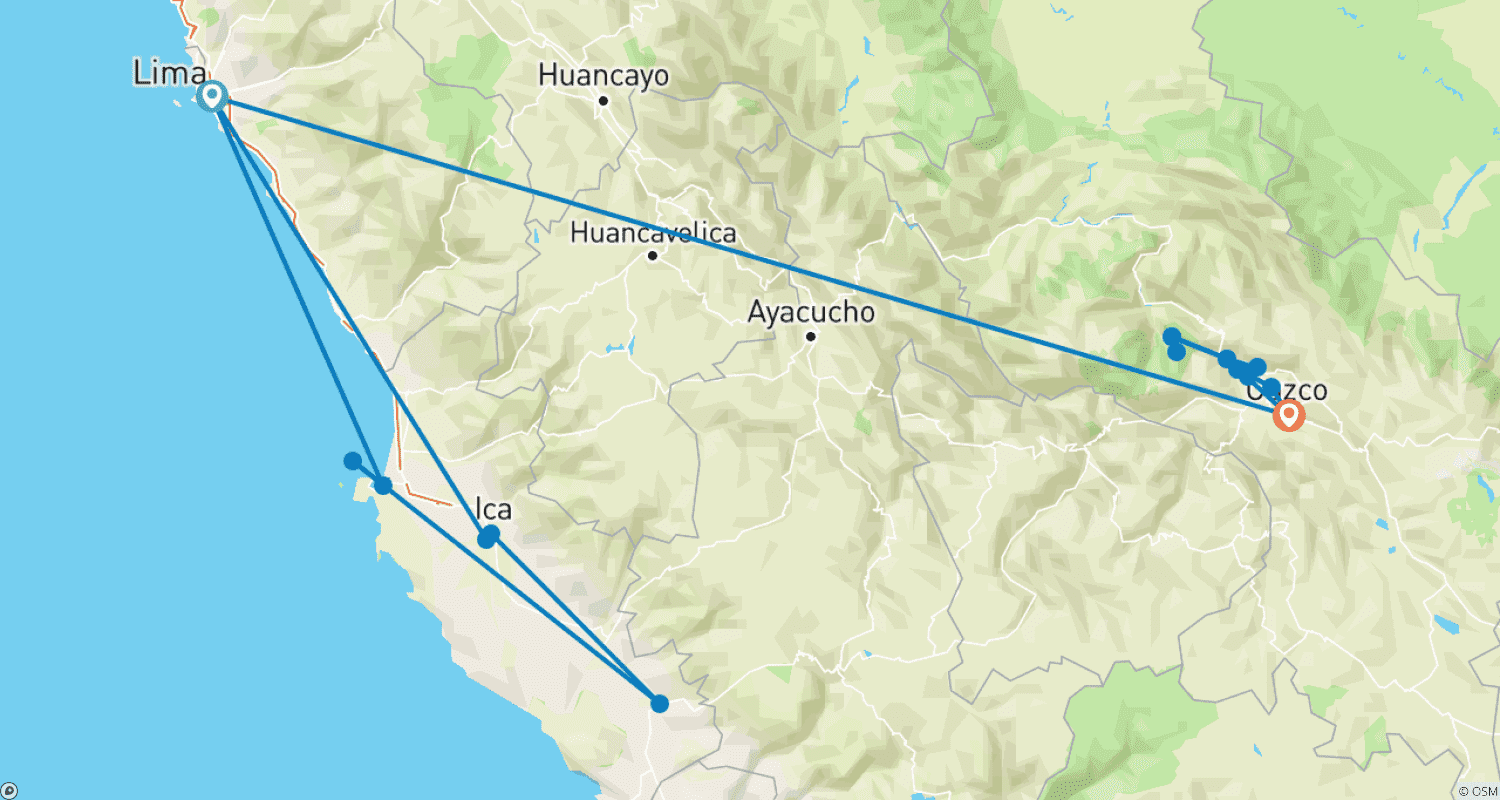 Mapa do percurso de Peru Clássico 7D-6N (Lima, Nazca, Paracas, Cusco, City tour, Vale Sagrado, Machu Picchu)