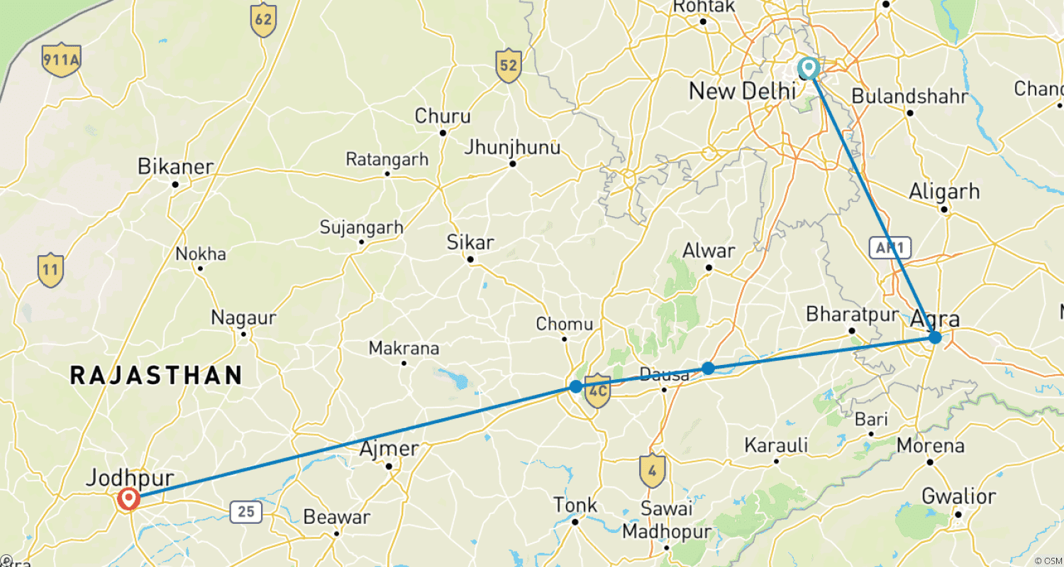 Mapa do percurso de Tour Privado Triângulo Dourado de 8 Dias Jodhpur