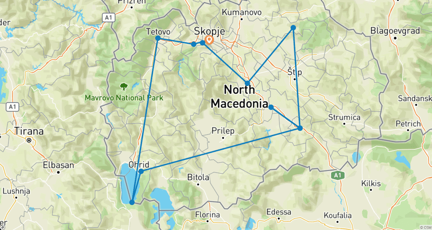 Mapa do percurso de Tour de vinhos na Macedônia