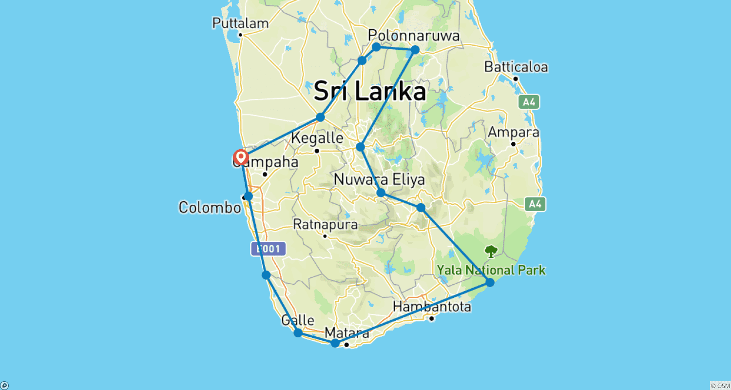 Mapa do percurso de Caminho dos Sonhos do Sri Lanka