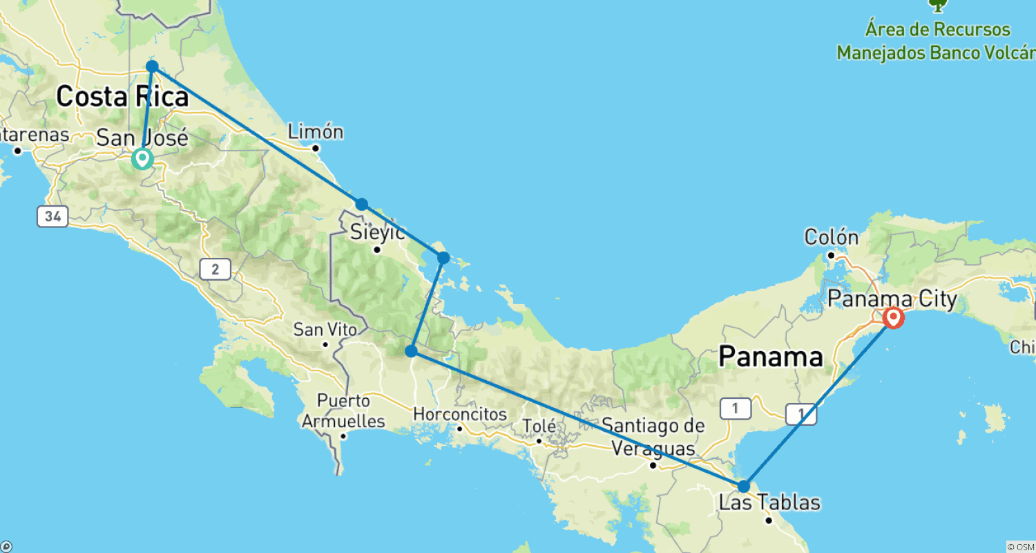 Mapa do percurso de Costa Rica & Panama Discovery