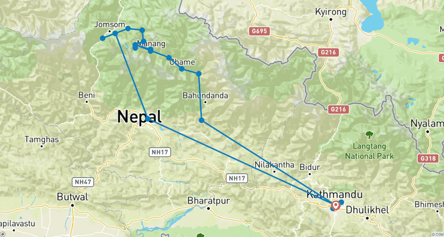 Mapa do percurso de Caminhada ao Lago Tilicho e Passagem Thorong La: 17 dias
