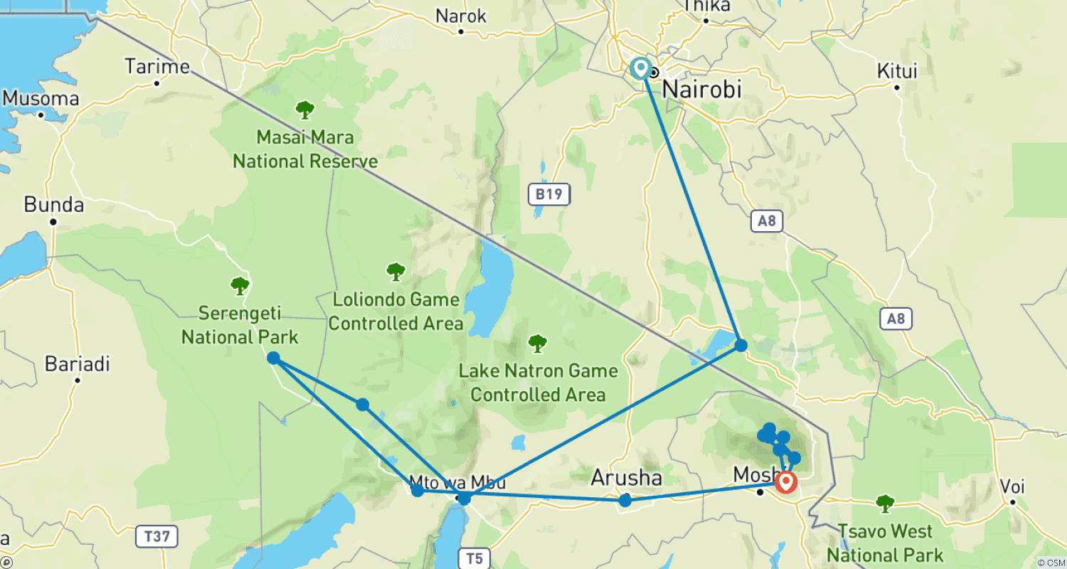 Mapa do percurso de Serengeti & Kilimanjaro