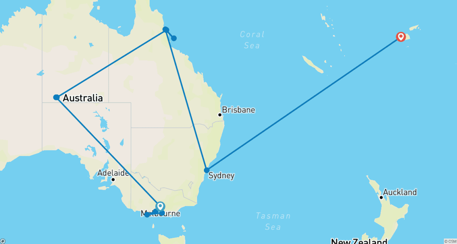 Mapa do percurso de Destaques da Austrália com Fiji